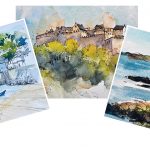 Line and watercolour wash paintings or harbour scenes for workshop by Elizabeth Baldin