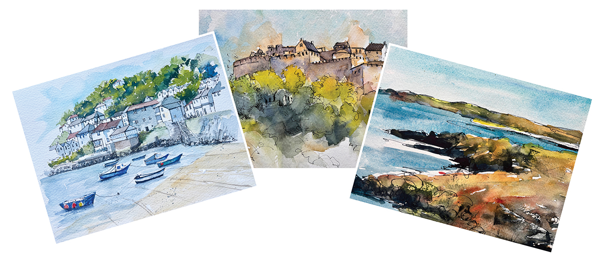 Line and watercolour wash paintings or harbour scenes for workshop by Elizabeth Baldin