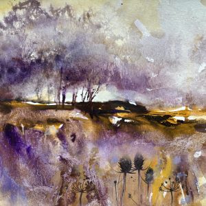 Atmospheric watercolour landscape depicting winter trees on an autumnal hillside for a workshop by Elizabeth Baldin