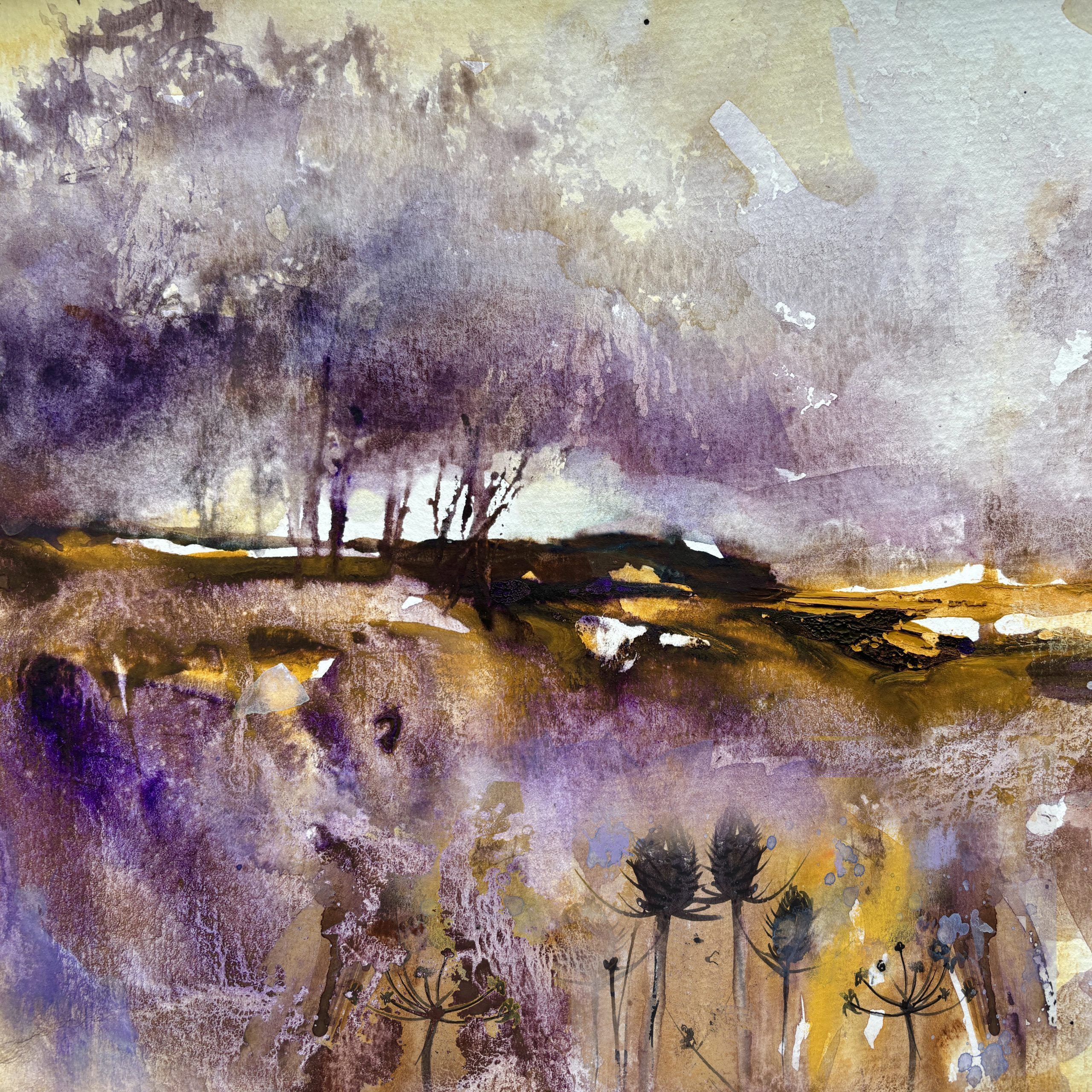 Atmospheric watercolour landscape depicting winter trees on an autumnal hillside for a workshop by Elizabeth Baldin